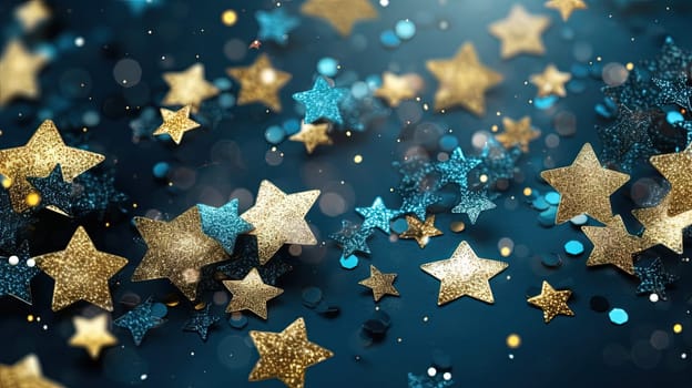 Abstract shiny background with blue and golden glitter. Scattered confetti sparkles with shiny gold and blue color. Generated AI
