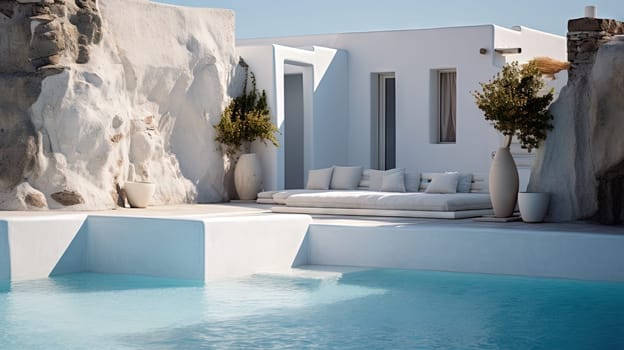 Hotel pool in the sunny day with blue water and white buildings. Resort architecture with swimming pool. Generated AI