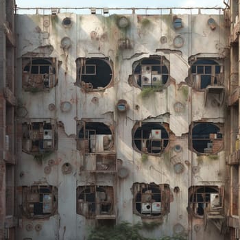 Industrial background with decayed wall of industrial building. Distressed surface texture, grungy ruins. Generated AI