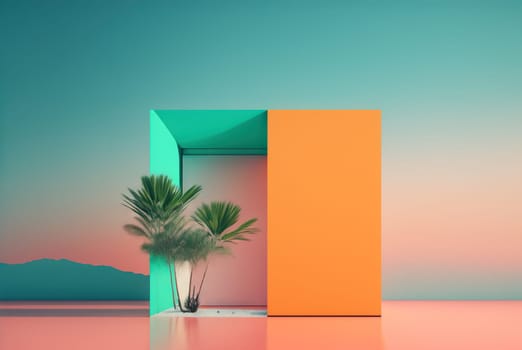 Abstract colorful interior with plants and minimalistic decorations. Vivid colored architectural background. Generated AI
