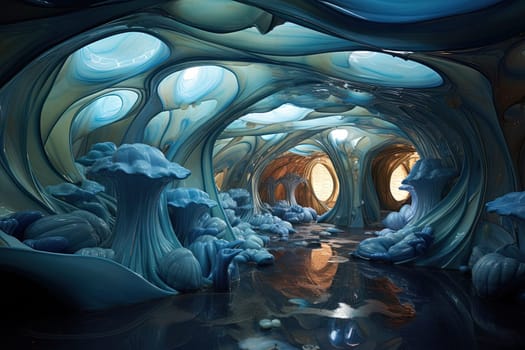 Surreal sci-fi interior of grown house. Bio technology science fiction room. Generated AI