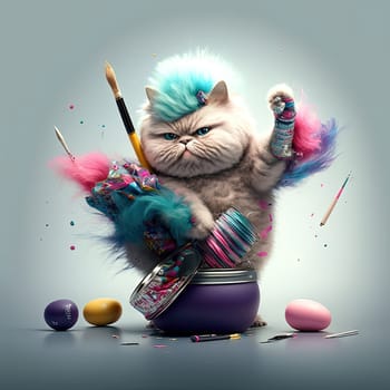 Cute fluffy kitten playing with the makeup. Colorful cosmetics and funny cat. Generated AI