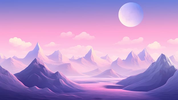 Pink landscape with moon over polygonal mountains. Calm surreal backround. Generated AI