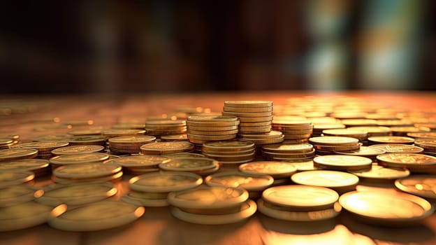 Money concept background with stacks of golden coins. Finance abstract with yellow coins. Generated AI