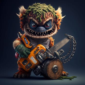 Funny and spooky figure of monster with a chainsaw. Crazy lumberjack mascot. Generative AI