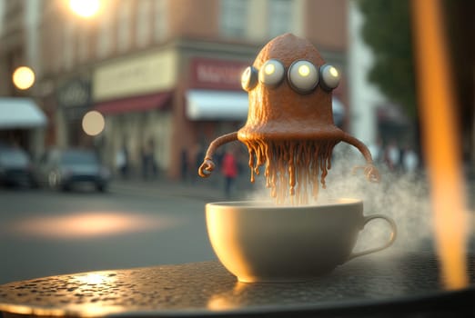Coffee monster with crazy eyes. Cute character with caffeine energy, very excited. Generated AI