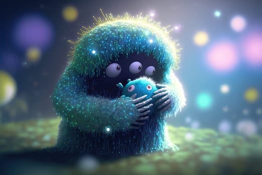Monster hugging the child. Cute scene with mother monster love. Generated AI