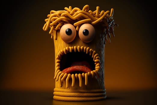 Funny monster spaghetti. Cute pasta, noodle or ramen character with crazy funny face. Generated AI