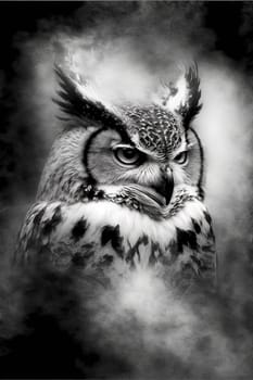 Wild owl in the forest. Black and white style, wildlife element. Generated AI