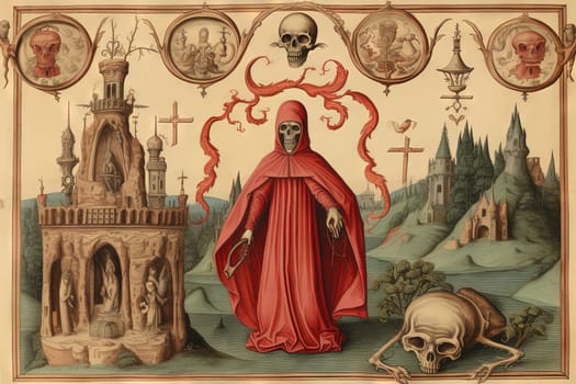 Medieval styled occult art with skeleton and monsters. Ancient icon or old book illustration with mystic religious scene. Generated AI