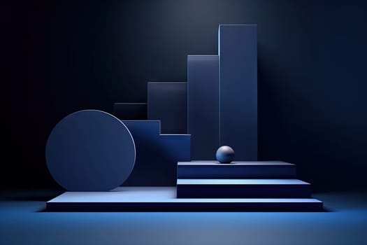 Dark blue pedestal in black room with geometric shapes. Podium for product showcase. Generated AI