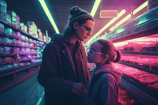 Family of mother and daughter looking cool in 80s styled synthwave store. People in supermarket. Generated AI