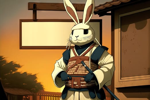 Rabbit samurai in traditional drawing style. Japanese styled art with hare in kimono