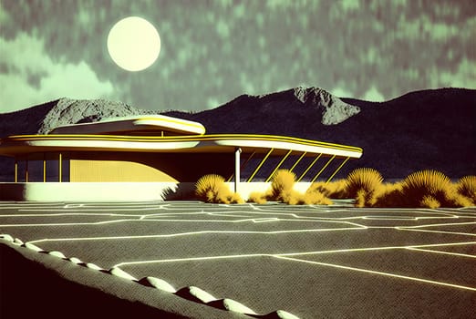 Retrofuturistic landscape in 80s sci-fi style. Retro science fiction scene with futuristic buildings. Generated AI
