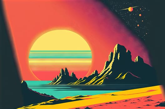 Retro styled sci-fi landscape with mountains. Retro futuristic science fiction illustration in drawing style with alien sun. Generated AI