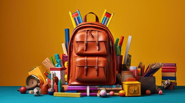 School backpack with colorful learning supplies. Back to school concept. Generated AI