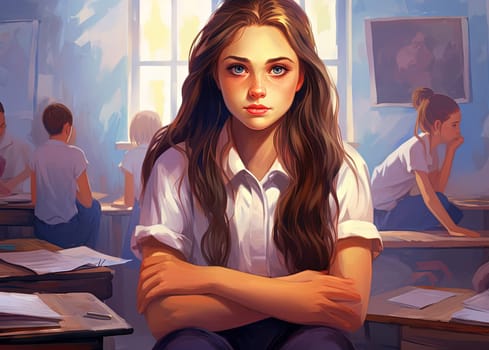 Young girl sits in a school classroom, surrounded by her peers. Drawn schoolgirl studying at a table in a classroom. Generated AI