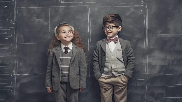 School pupil, boy and girl standing in front of black board. School children couple. Generated AI