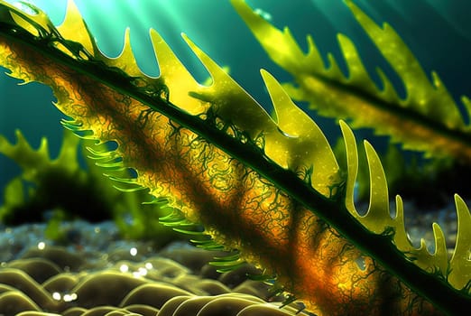 Seaweed on marine landscape. Wet grass on the coast with ocean or sea around. Generated AI