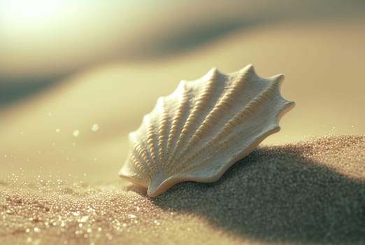 Surreal shell on the beach. Abstract clam with filigree shape on the sand. Generated AI