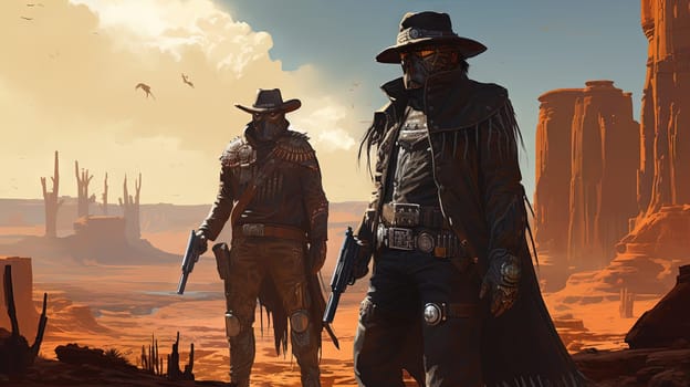 Space cowboys in sci-fi western scene. Sci-fi warriors of the wasteland. Generated AI