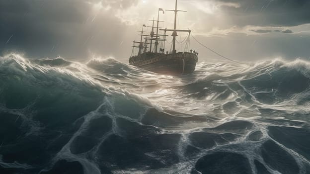 Ship in the stormy sea with huge waves. Giant stormy waves in the ocean and boat. Generated AI