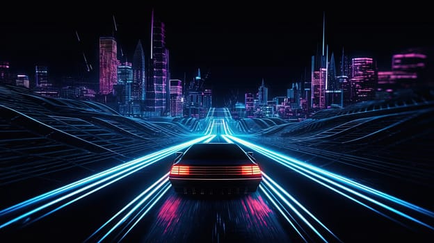Car ride on the neon road in 80s retro synthwave style. Generated AI