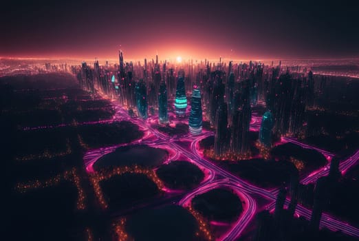 Abstract neon city aerial view. Technology concept of night cityscape with blue lights in synthwave style. Generated AI