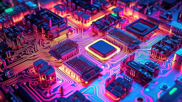 Motherboard with chips and connections in purple and blue neon lights. Technology background with microchips on hardware circuitboard. Generated AI