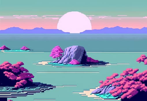 Calm and relaxing landscape with mountains in vaporwave style. Pink and blue view in 90s style. Generated AI