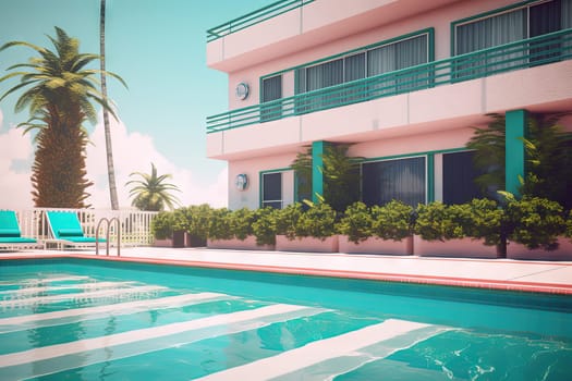 Summer hotel with pool in vaporwave style, pink and blue colors. Generated AI