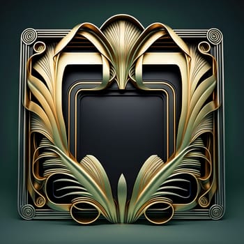 Golden ornamental art deco frame on black bakcground. Retro golden art deco or art nouveu frame with vintage ornament. Generative AI