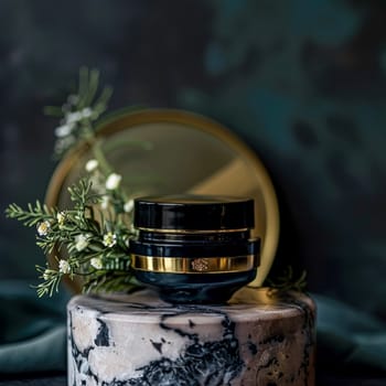 Cosmetic cream in a glass jar on a blue backdrop. Skin care concept. Background for beauty products