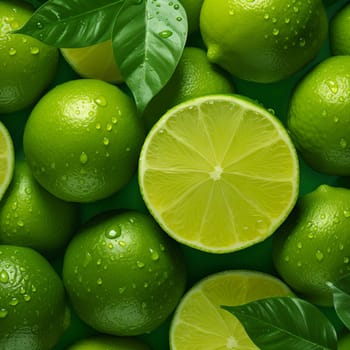 Close-up of vibrant green limes backdrop, arranged beautifully. Ideal for food blogs, menus, and social media posts. A refreshing and eye-catching image for various creative projects.
