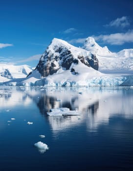 Antarctic Serenity.A breathtaking scene of snow-capped mountains reflected in the still waters of the Antarctic Ocean. The vastness of the icy landscape evokes a sense of peace and wonder.