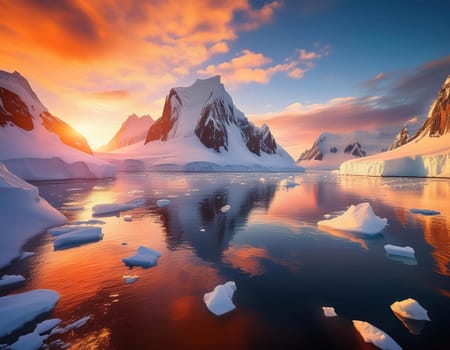 Antarctic Serenity.A breathtaking scene of snow-capped mountains reflected in the still waters of the Antarctic Ocean. The vastness of the icy landscape evokes a sense of peace and wonder.