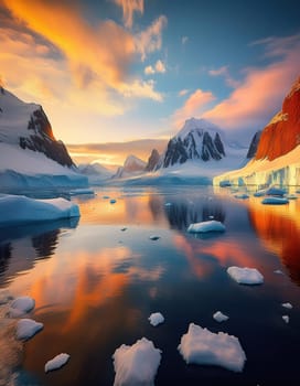 Antarctic Serenity.A breathtaking scene of snow-capped mountains reflected in the still waters of the Antarctic Ocean. The vastness of the icy landscape evokes a sense of peace and wonder.