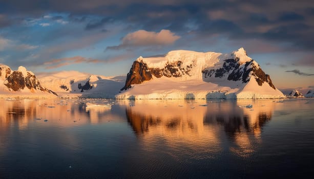 Antarctic Serenity.A breathtaking scene of snow-capped mountains reflected in the still waters of the Antarctic Ocean. The vastness of the icy landscape evokes a sense of peace and wonder.