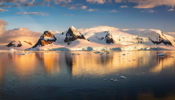 Antarctic Serenity.A breathtaking scene of snow-capped mountains reflected in the still waters of the Antarctic Ocean. The vastness of the icy landscape evokes a sense of peace and wonder.