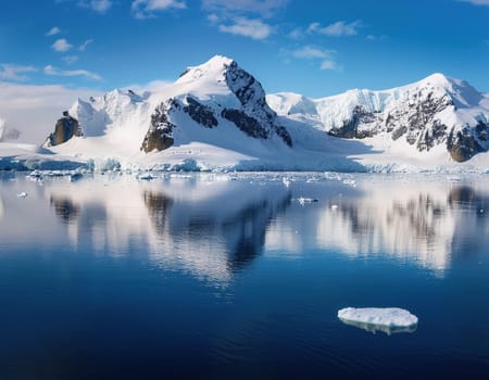 Antarctic Serenity.A breathtaking scene of snow-capped mountains reflected in the still waters of the Antarctic Ocean. The vastness of the icy landscape evokes a sense of peace and wonder.