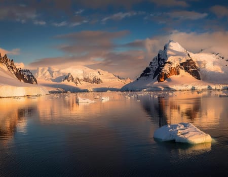 Antarctic Serenity.A breathtaking scene of snow-capped mountains reflected in the still waters of the Antarctic Ocean. The vastness of the icy landscape evokes a sense of peace and wonder.