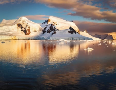 Antarctic Serenity.A breathtaking scene of snow-capped mountains reflected in the still waters of the Antarctic Ocean. The vastness of the icy landscape evokes a sense of peace and wonder.
