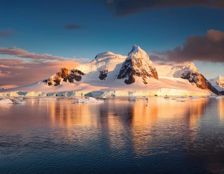 Antarctic Serenity.A breathtaking scene of snow-capped mountains reflected in the still waters of the Antarctic Ocean. The vastness of the icy landscape evokes a sense of peace and wonder.