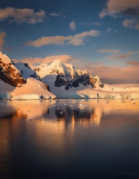 Antarctic Serenity.A breathtaking scene of snow-capped mountains reflected in the still waters of the Antarctic Ocean. The vastness of the icy landscape evokes a sense of peace and wonder.