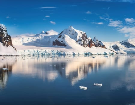 Antarctic Serenity.A breathtaking scene of snow-capped mountains reflected in the still waters of the Antarctic Ocean. The vastness of the icy landscape evokes a sense of peace and wonder.