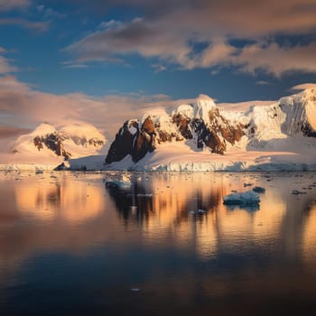 Antarctic Serenity.A breathtaking scene of snow-capped mountains reflected in the still waters of the Antarctic Ocean. The vastness of the icy landscape evokes a sense of peace and wonder.