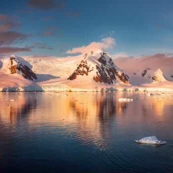 Antarctic Serenity.A breathtaking scene of snow-capped mountains reflected in the still waters of the Antarctic Ocean. The vastness of the icy landscape evokes a sense of peace and wonder.