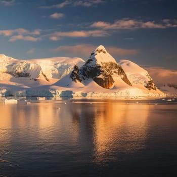 Antarctic Serenity.A breathtaking scene of snow-capped mountains reflected in the still waters of the Antarctic Ocean. The vastness of the icy landscape evokes a sense of peace and wonder.