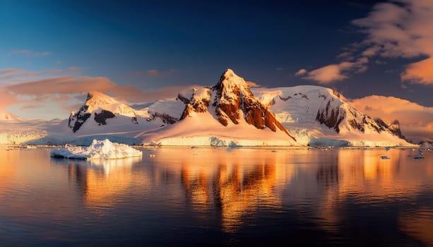 Antarctic Serenity.A breathtaking scene of snow-capped mountains reflected in the still waters of the Antarctic Ocean. The vastness of the icy landscape evokes a sense of peace and wonder.