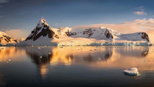 Antarctic Serenity.A breathtaking scene of snow-capped mountains reflected in the still waters of the Antarctic Ocean. The vastness of the icy landscape evokes a sense of peace and wonder.